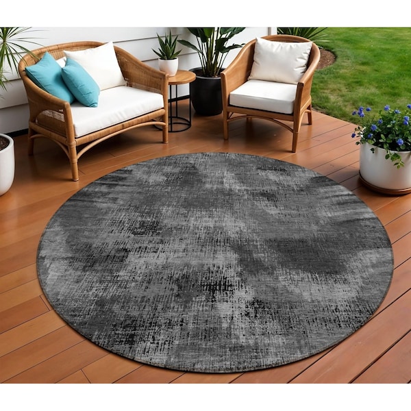 Homeroots 8' Gray Charcoal And Silver Round Abstract Washable Indoor Outdoor Area Rug 587136 - main