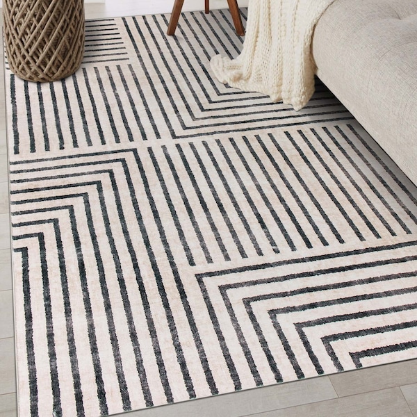 World Rug Gallery Distressed Bohemian Stripes Washable Non Slip Area Rug 3 ft x 5 ft Beige WR76BEIGE3X5 - main