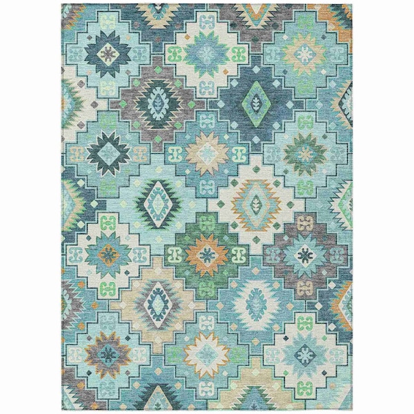 Homeroots 3' X 5' Teal Blue Beige And Ivory Southwestern Washable Indoor Outdoor Area Rug 632281 - main