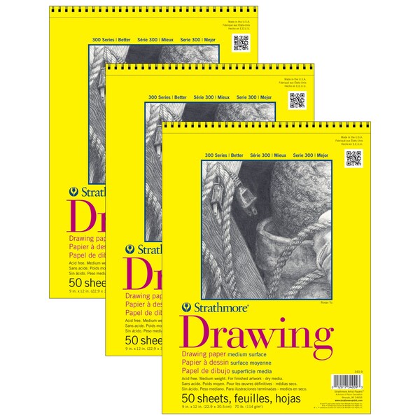 Strathmore 300 Series Drawing Pad, Top Wire Binding, 50 Sheet, 9x12 inch, 3PK P340-9-03 - main