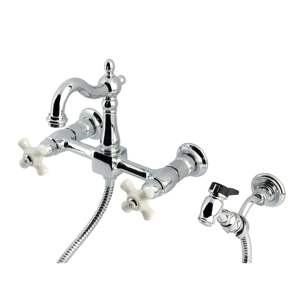 Kingston Brass Two-Handle Wall Mount Bridge Kitchen Faucet with Brass Sprayer, Polished Chrome KS2441PXBS - main