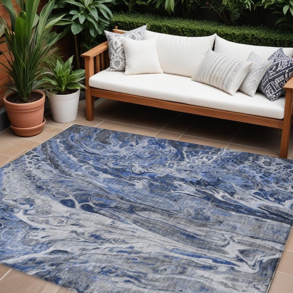 Homeroots 9' X 12' Denim Blue And Navy Blue Abstract Washable Indoor Outdoor Area Rug 577930 - main