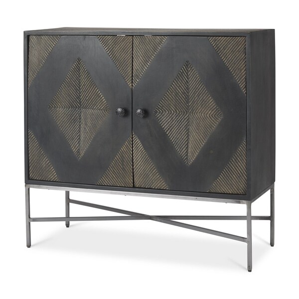 Homeroots 36in Dark Brown and Silver Solid Wood and Iron Carved Geometric Accent Cabinet With Two Doors 611059 - main