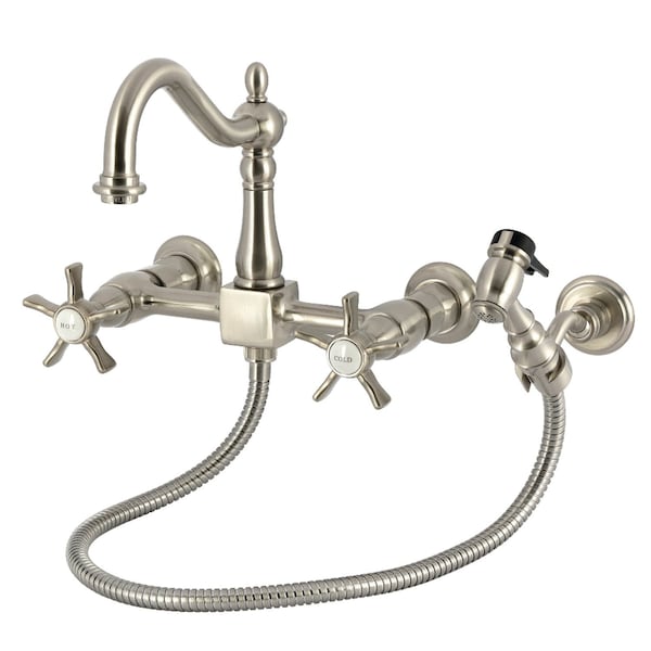 Kingston Brass Two-Handle Wall Mount Bridge Kitchen Faucet with Brass Sprayer, Brushed Nickel KS1268NXBS - main