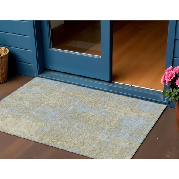 Homeroots 3' X 5' Beige And Blue Abstract Washable Indoor Outdoor Area Rug 612911 - main