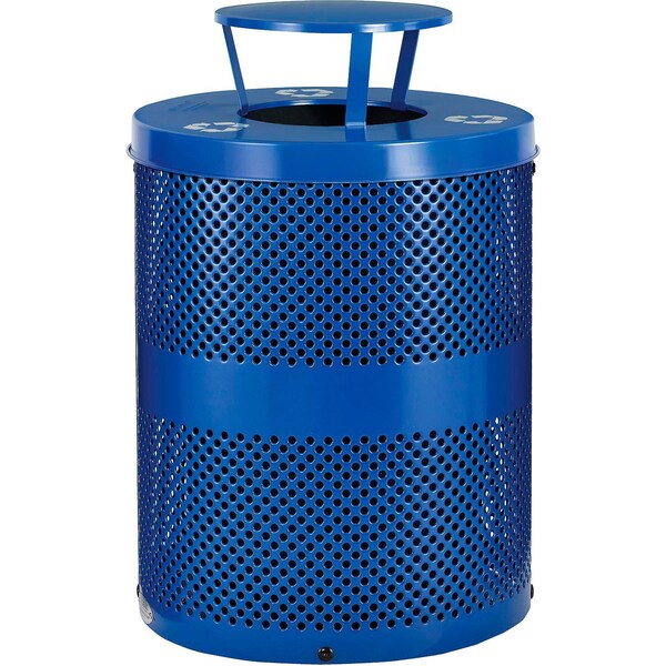 Global Industrial Outdoor Perforated Steel Recycling Trash Can, Rain Lid, 36 Gallon, Blue B3178681 - main