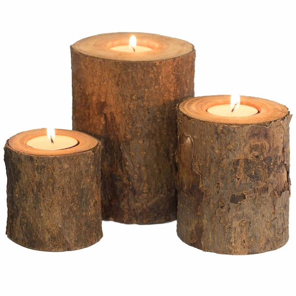 Vintiquewise Bark Wooden Pillar Tree Stump Tea Light Rustic Candle Holder , PK 3 QI003888.3 - main
