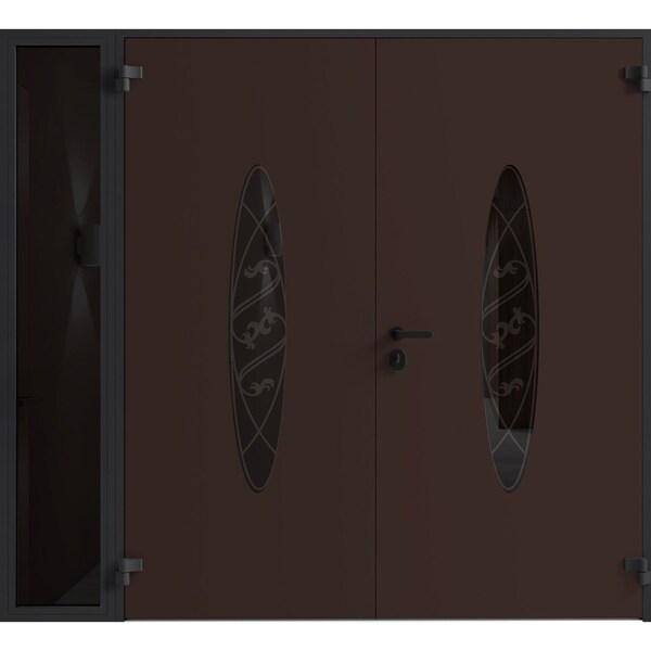 Vdomdoors Front Exterior Prehung Aluminum Double Doors Ronex1277 Brown 1 Sidelight Mirrored Clear Glass 1 RONEX1277DEXD-BRW-W72+14xH96-RH-O - main