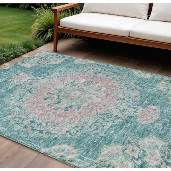 Homeroots 9' X 12' Teal Blue Floral Medallion Washable Indoor Outdoor Area Rug 607858 - main