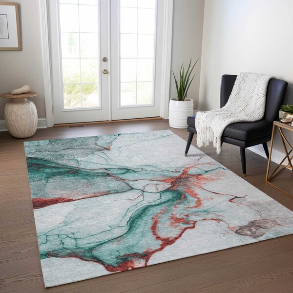 Homeroots 5' X 8' Teal Blue And Terra Cotta Abstract Washable Indoor Outdoor Area Rug 617879 - main