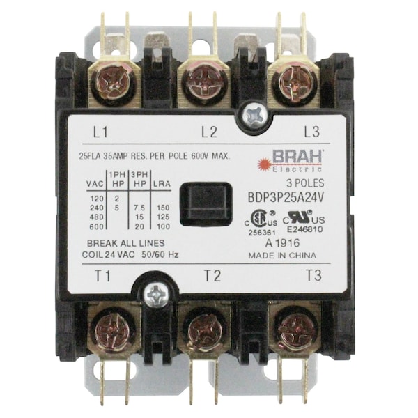 Brah Electric Definite Purpose Contactor, 24 V, 3 P, Non-Reversing, 3 Phase, Screw BDP3P25A24V - main
