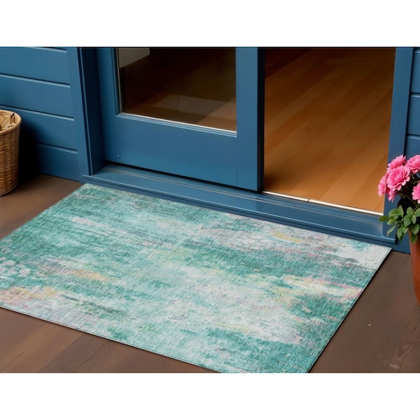 Homeroots 3' X 5' Teal Blue Peach And Ivory Abstract Washable Indoor Outdoor Area Rug 615884 - main