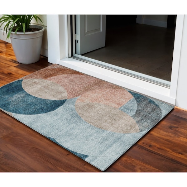 Homeroots 3' X 5' Rust Beige And Teal Blue Geometric Washable Indoor Outdoor Area Rug 604935 - main
