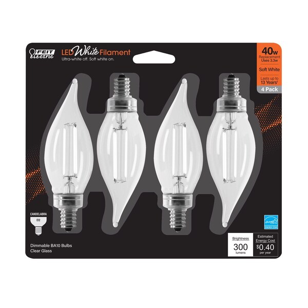Feit Electric Feit White BA10 E12 (Candelabra) Filament LED Bulb Soft White 40 Watt Equivalence 4 pk BPCFC40927WFIL4 - main