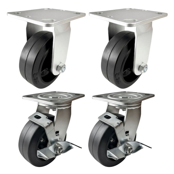 Hyw Products Heavy Duty Caster Set 5in Rubber on Cast Iron Wheels, 2 Rigid & 2 Swivel with Brake, 4PK 40-50R-A1-RC-2,40-50S-A1-RC-TB-2 - main