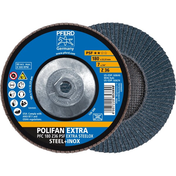 Pferd 7'' x 5/8-11 Thd. POLIFAN Flap Disc - Z PSF EXTRA STEELOX, Zirconia, 36 Grit, Conical 60674 - main