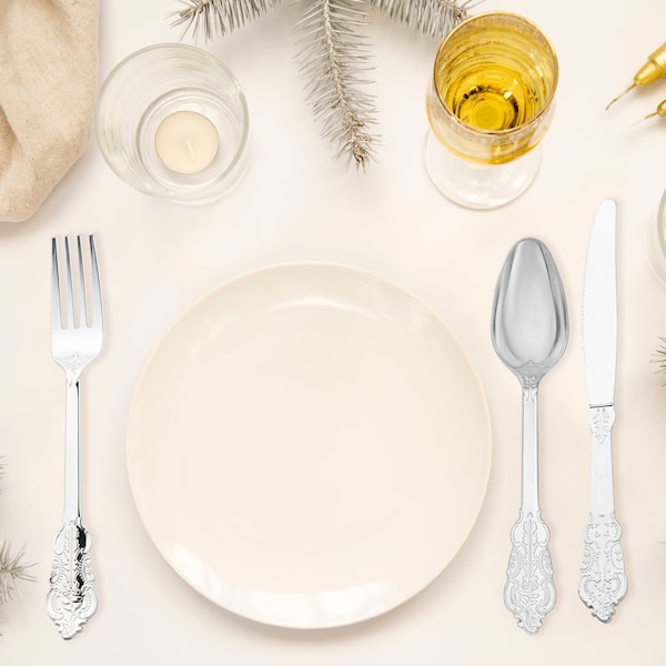 Smarty Had A Party Shiny Metallic Silver Baroque Plastic Cutlery Set - Spoons, Forks and Knives (600 Guests), 1800PK 7959-SBQCS-CASE - main