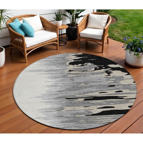 Homeroots 8' Black Gray And Ivory Round Abstract Washable Indoor Outdoor Area Rug 601178 - main