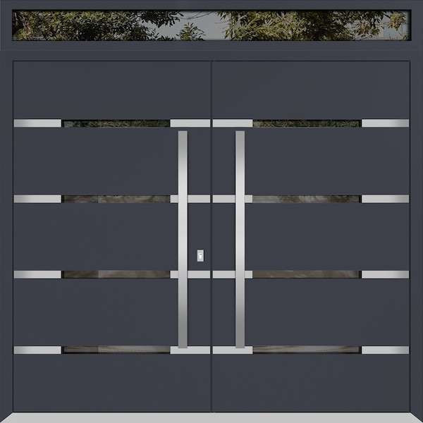 Vdomdoors Metal Double Doors Deux 1105 Gray Graphite Mirrored Glass Top Transom Entry Modern Painted (W72xH96 DEUX1105DEXD-GRE-W72xH96+12-LH-I - main