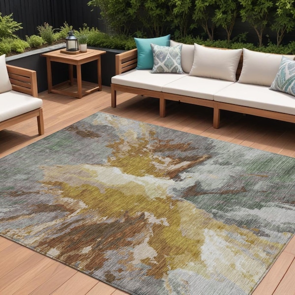 Homeroots 9' X 12' Gold And Gray Abstract Washable Indoor Outdoor Area Rug 615612 - main