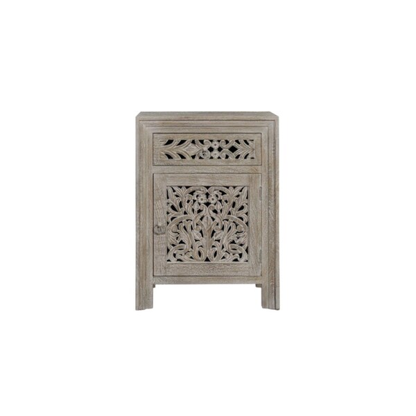 Homeroots 30" Gray Solid Wood Distressed Carved Floral One Drawer Nightstand 569581 - main