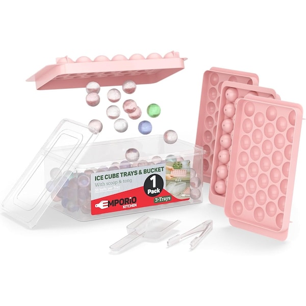 Emporio Kitchen Round Ice Cube Tray Set Pack of 1, BPA-Free, 33 Ice Balls per Tray, Lid & Tongs, Pink EMPICES31PK - main