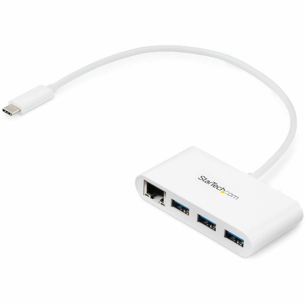 Startech.Com 3 Port USB C Hub with Gigabit Ethernet - USB-C to 3x USB-A - USB 3.0 Hub 5Gbps - White HB30C3A1GEA - main