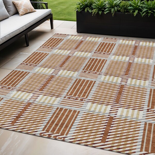 Homeroots 5' X 8' Copper Gold And Gray Plaid Washable Indoor Outdoor Area Rug 597584 - main