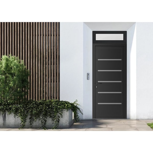 Vdomdoors Front Exterior Prehung Metal-Plastic Door, Manux 8415 Matte Black, Top Sidelite Transom, Office Com MANUX8415EXD-BLK-W32xH80+14-RH - main