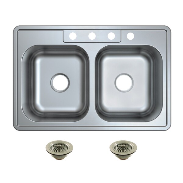 Kingston Brass 33-Inch Stainless Steel Self-Rimming Double Bowl Drop-In Kitchen Sink, 4-Hole with Strainer KGKTD332288 - main