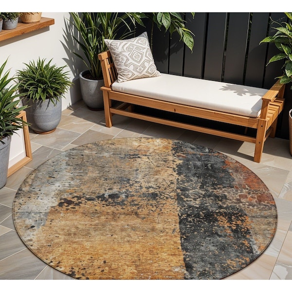 Homeroots 8' Copper And Black Round Abstract Washable Indoor Outdoor Area Rug 606070 - main