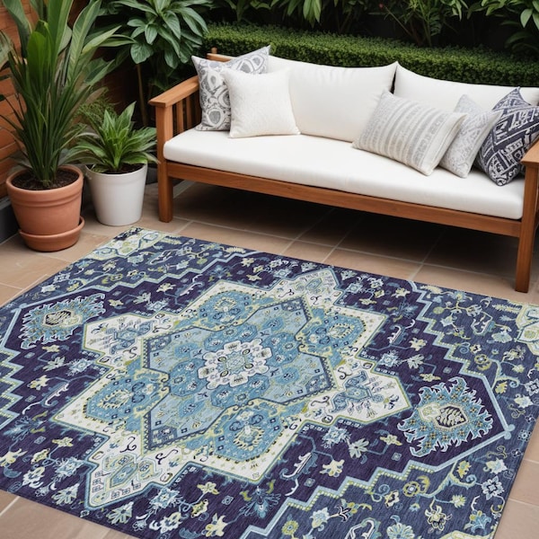 Homeroots 10' X 14' Navy Blue Ivory And Black Oriental Washable Indoor Outdoor Area Rug 600173 - main