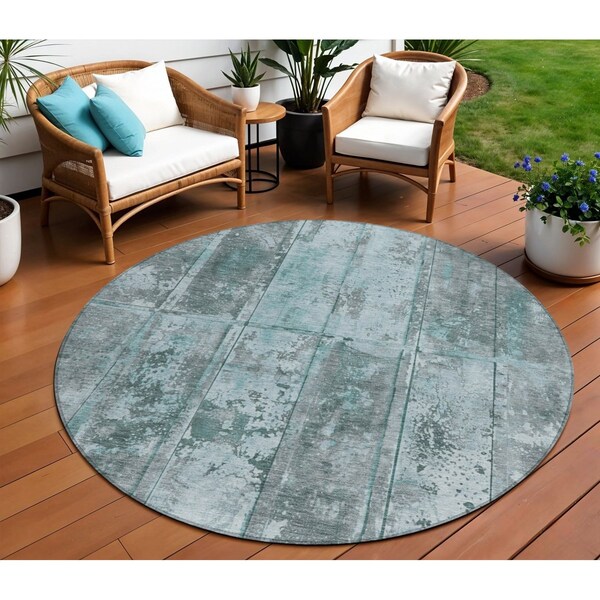 Homeroots 8' Teal Blue Charcoal And Gray Round Abstract Washable Indoor Outdoor Area Rug 618783 - main