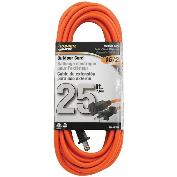Powerzone SJTW Extension Cord, 16 AWG, Outdoor, 16/2, 1 Outlets, Orange, 25 ft OR481625 - main