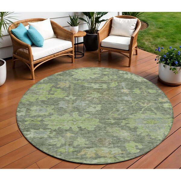 Homeroots 8' Fern Green And Olive Green Round Floral Washable Indoor Outdoor Area Rug 604122 - main