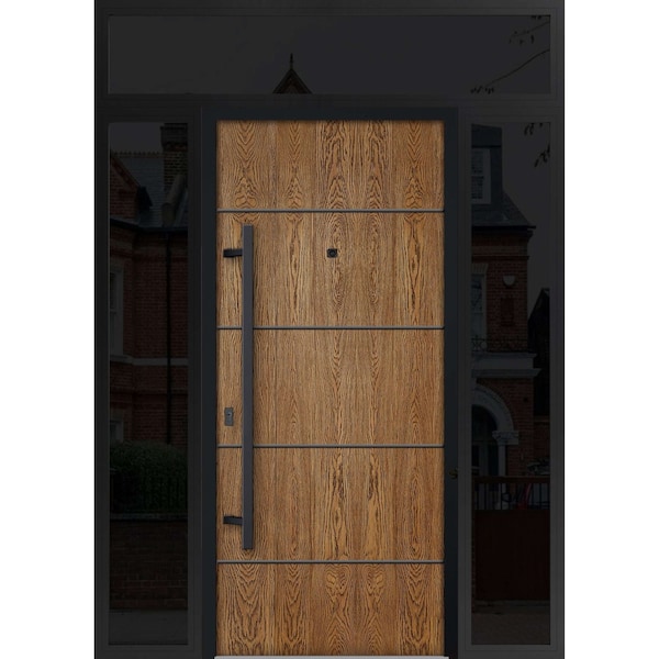 Vdomdoors Steel Door Deux 6683 Natural Oak 2 Sidelight and Transom Window Sidelite Entry Door Painted W14+36+ DEUX6683EXD-OAK-W14+36+14 X H80+16-RH-I - main