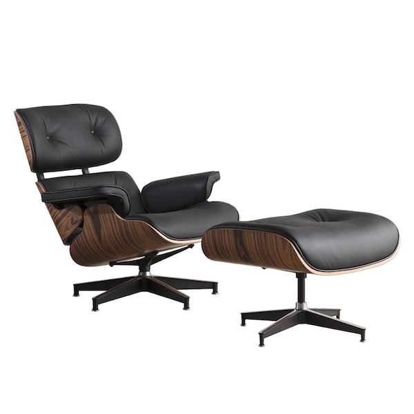 Homeroots 35" Black and Brown Genuine Leather Tufted Swivel Lounge Chair With Ottoman 526374 - main
