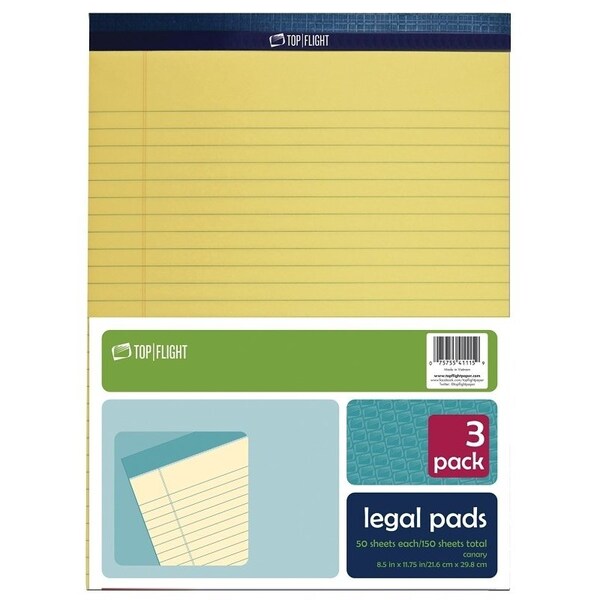 Top Flight N 11 Series Legal Pad, 11-3/4 in L x 8-1/2 in W Sheet, 50-Sheet, Canary Yellow Sheet 4513094 - main