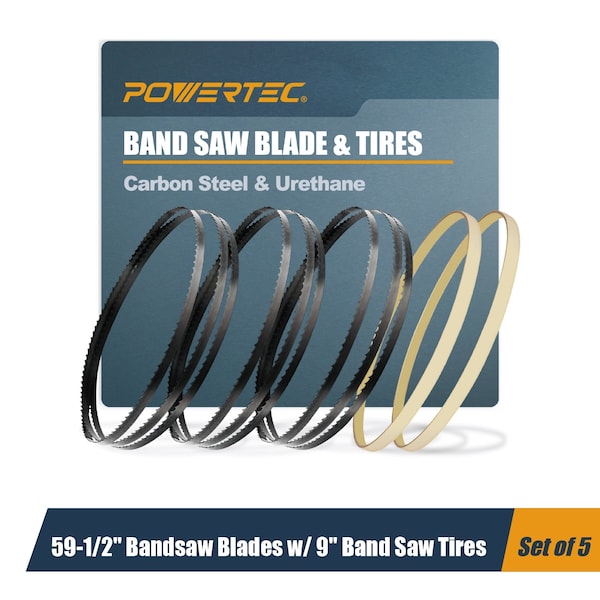 Powertec 59-1/2" Carbon Steel Band Saw Blades & 9" x 1/2" x 5/32" Band Saw Tires for Craftsman, Grizzly 13706 - main