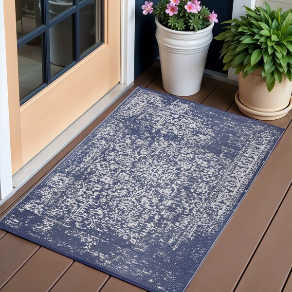 Homeroots 3' X 5' Navy Blue Machine Braided Distressed Area Rug With UV Protection 555576 - main