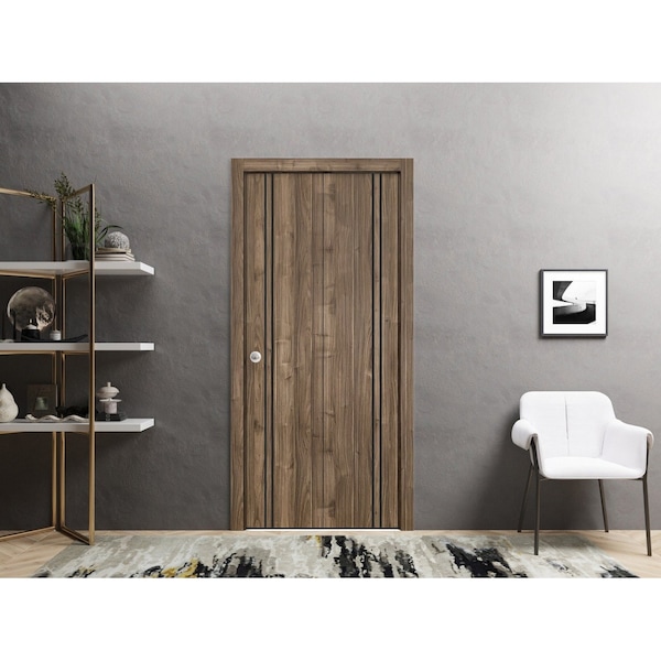 Sartodoors Sliding Closet Bi-fold Doors, Planum 0016 Walnut and Aluminum Strips, Sturdy Tracks Moldings Trims PLANUM0016BF-WLN-84 - main