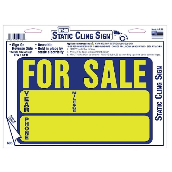 Hy-Ko Static Cling Neon Sign, FOR SALE, Yellow Legend, Blue Background, Vinyl, 8 in H x 12 in W Dimensions 605 - main