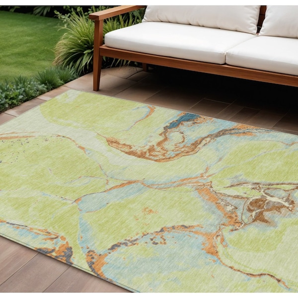 Homeroots 8' X 10' Artichoke Green Blue And Brown Abstract Washable Indoor Outdoor Area Rug 597761 - main