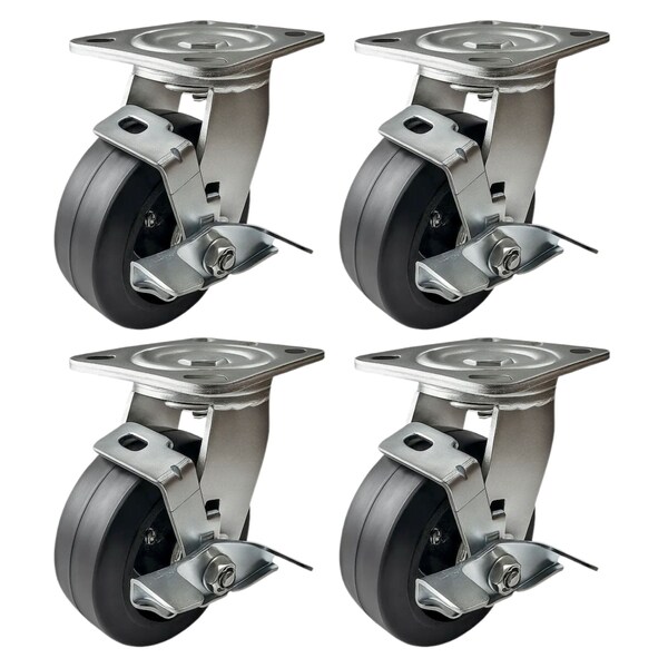 Hyw Products Heavy Duty Caster Set 5in Rubber on Cast Iron Wheels, 4 Swivel with Brake, 4PK 40-50S-A1-RC-TB-4 - main
