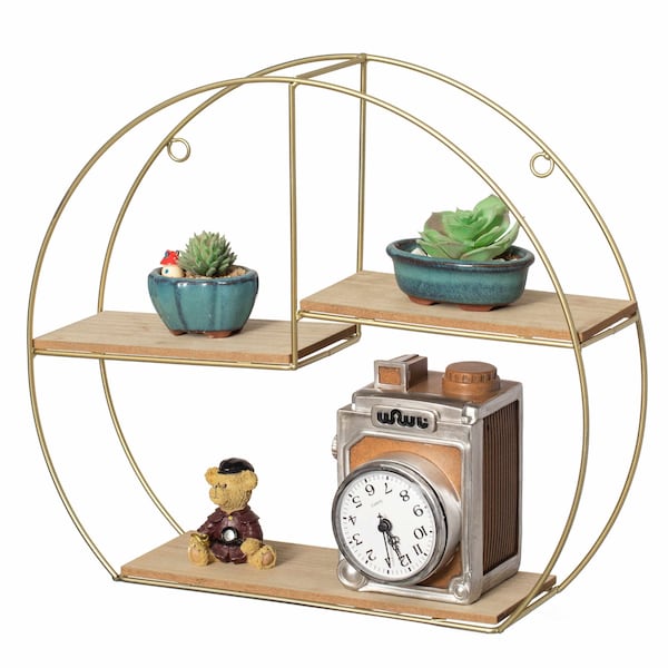 Vintiquewise Elegant 3-Tier Decorative Floating Geometric Arc Wall Shelf - Semi-Circular Metal and Wood QI004691.3DG - main