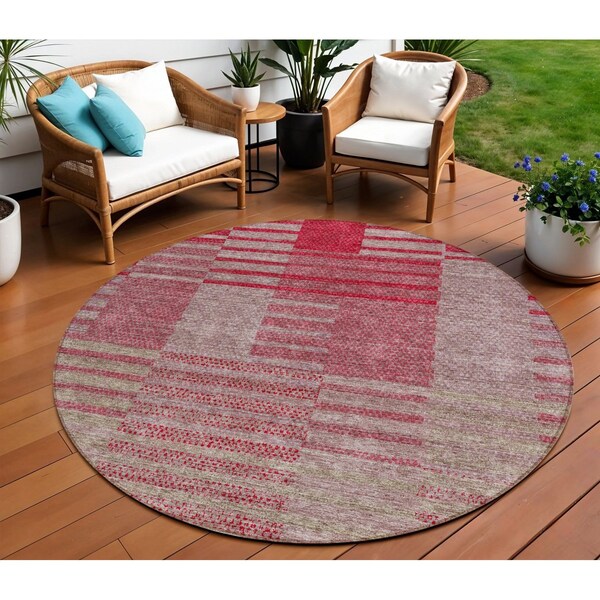 Homeroots 8' Burgundy Pink And Blush Round Striped Washable Indoor Outdoor Area Rug 613165 - main