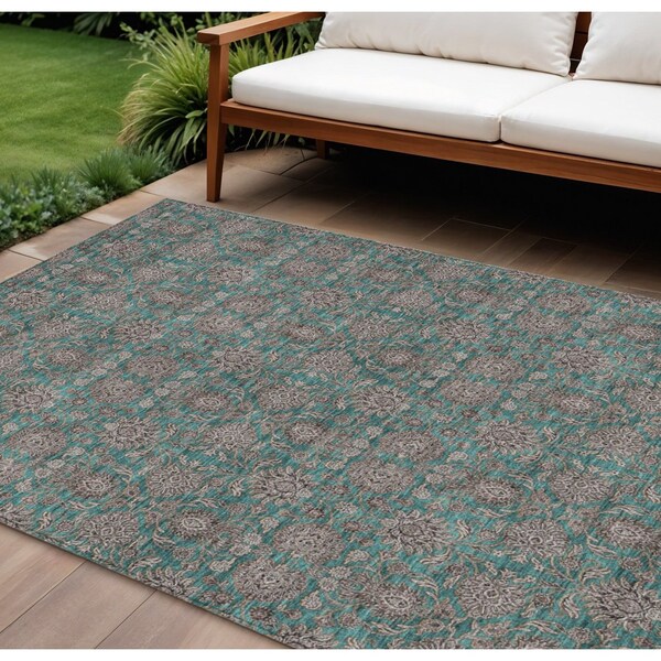 Homeroots 9' X 12' Teal Blue Beige And Taupe Floral Washable Indoor Outdoor Area Rug 582312 - main