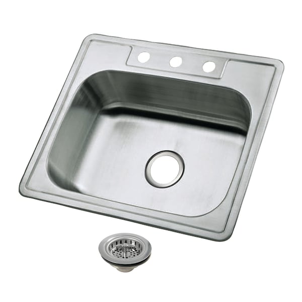 Kingston Brass 25-Inch Stainless Steel Self-Rimming Single Bowl Drop-In Kitchen Sink, 3-Hole with Strainer KGKTS25201 - main