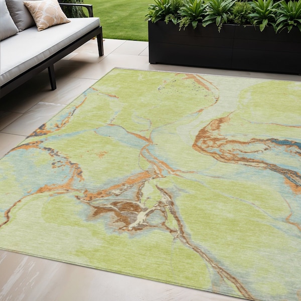 Homeroots 5' X 8' Artichoke Green Blue And Brown Abstract Washable Indoor Outdoor Area Rug 597759 - main