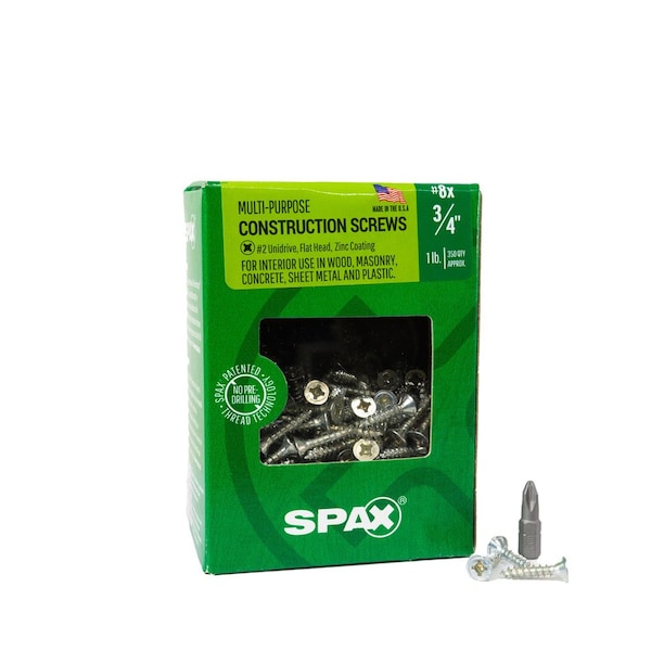 Spax #8 x 3/4 in Interior Wood Screws Construction Flat Head Phillips Square Unidrive, 350PK 4101010400204 - main